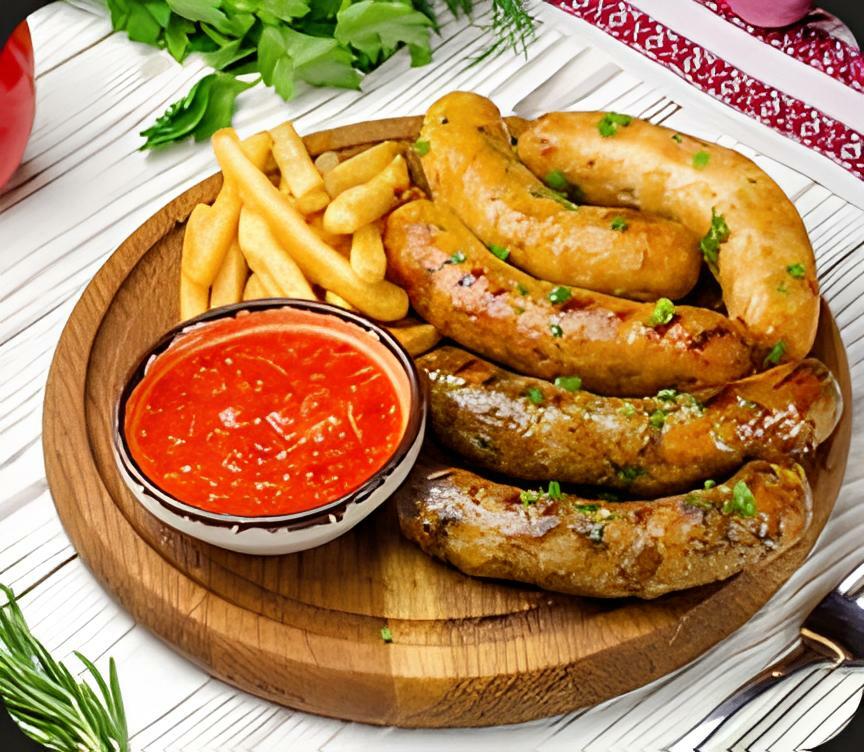 Ассорти из домашних колбасок с картофелем Фри и соусом Ассорти из домашних колбасок с картофелем Фри и соусом